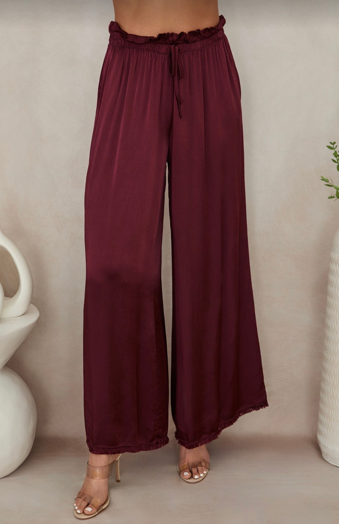 Palazzo Pants with Drawstring Waist - Wine