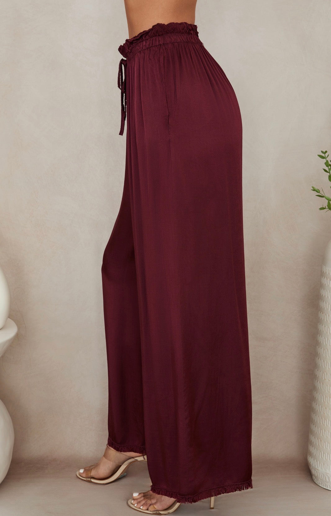 Palazzo Pants with Drawstring Waist - Wine