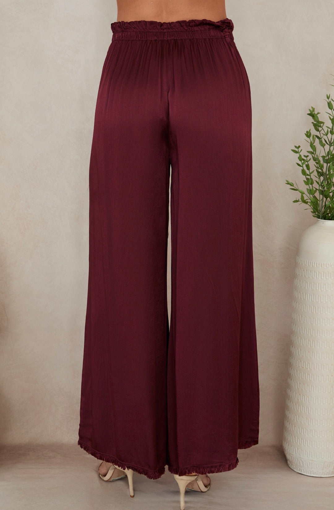 Palazzo Pants with Drawstring Waist - Wine
