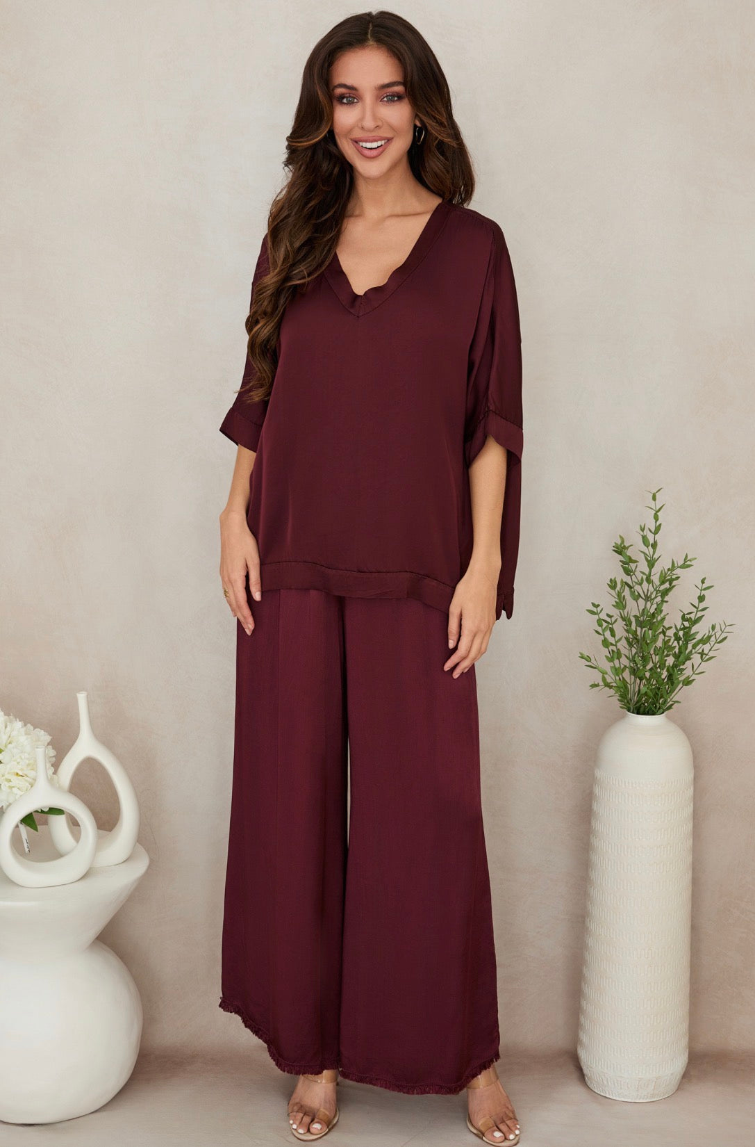 Palazzo Pants with Drawstring Waist - Wine