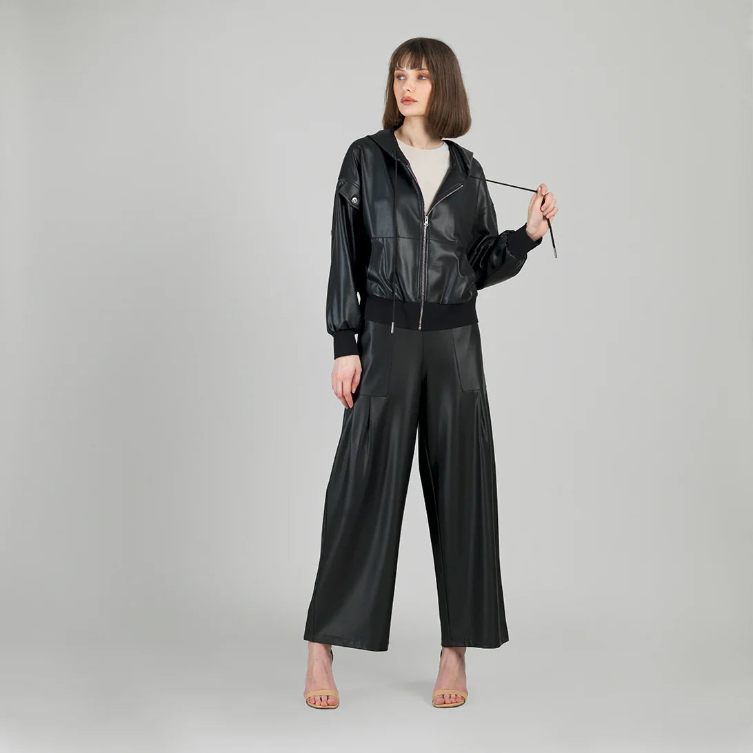 Liquid Leather Hooded Drawstring Track Jacket - Black