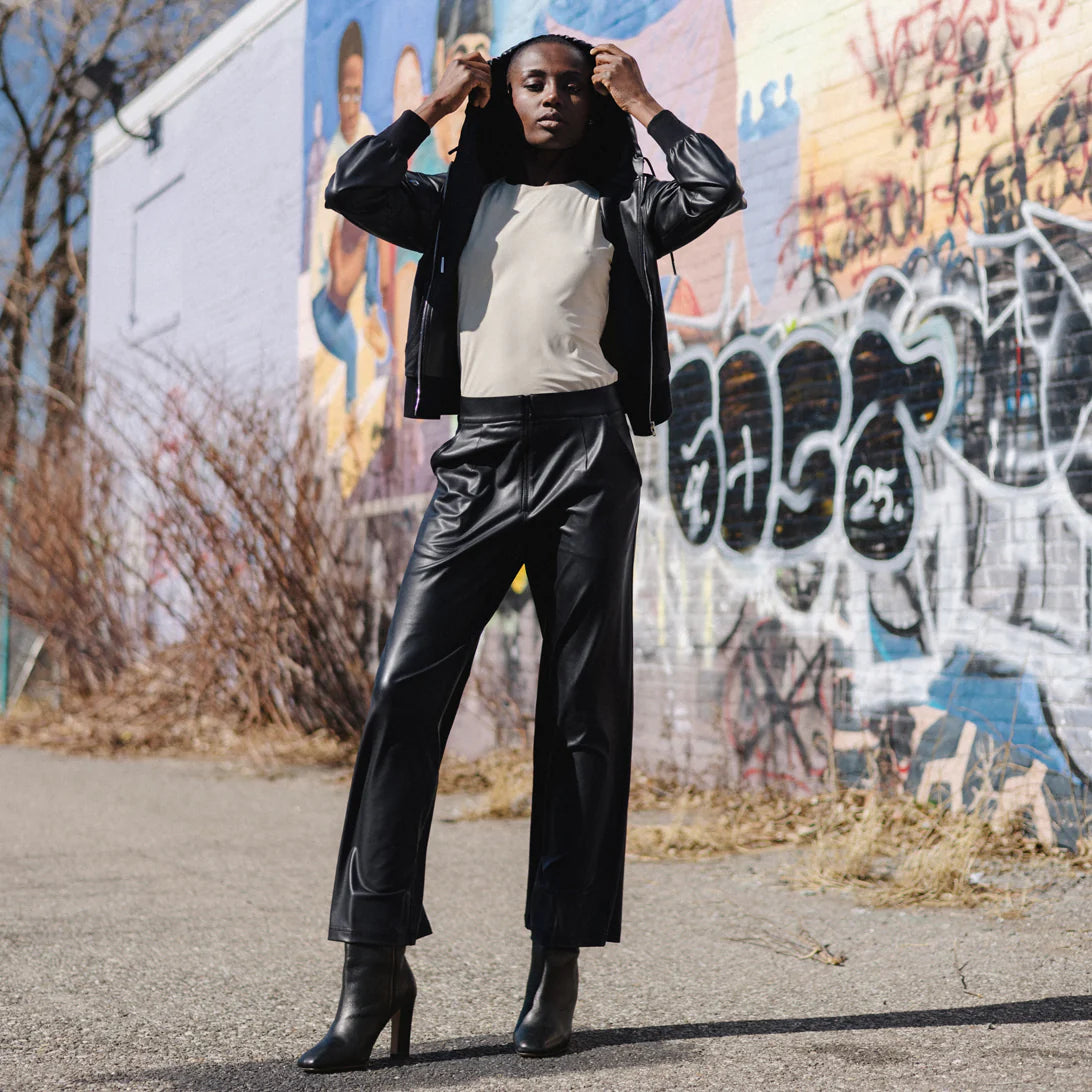 Liquid Leather Hooded Drawstring Track Jacket - Black