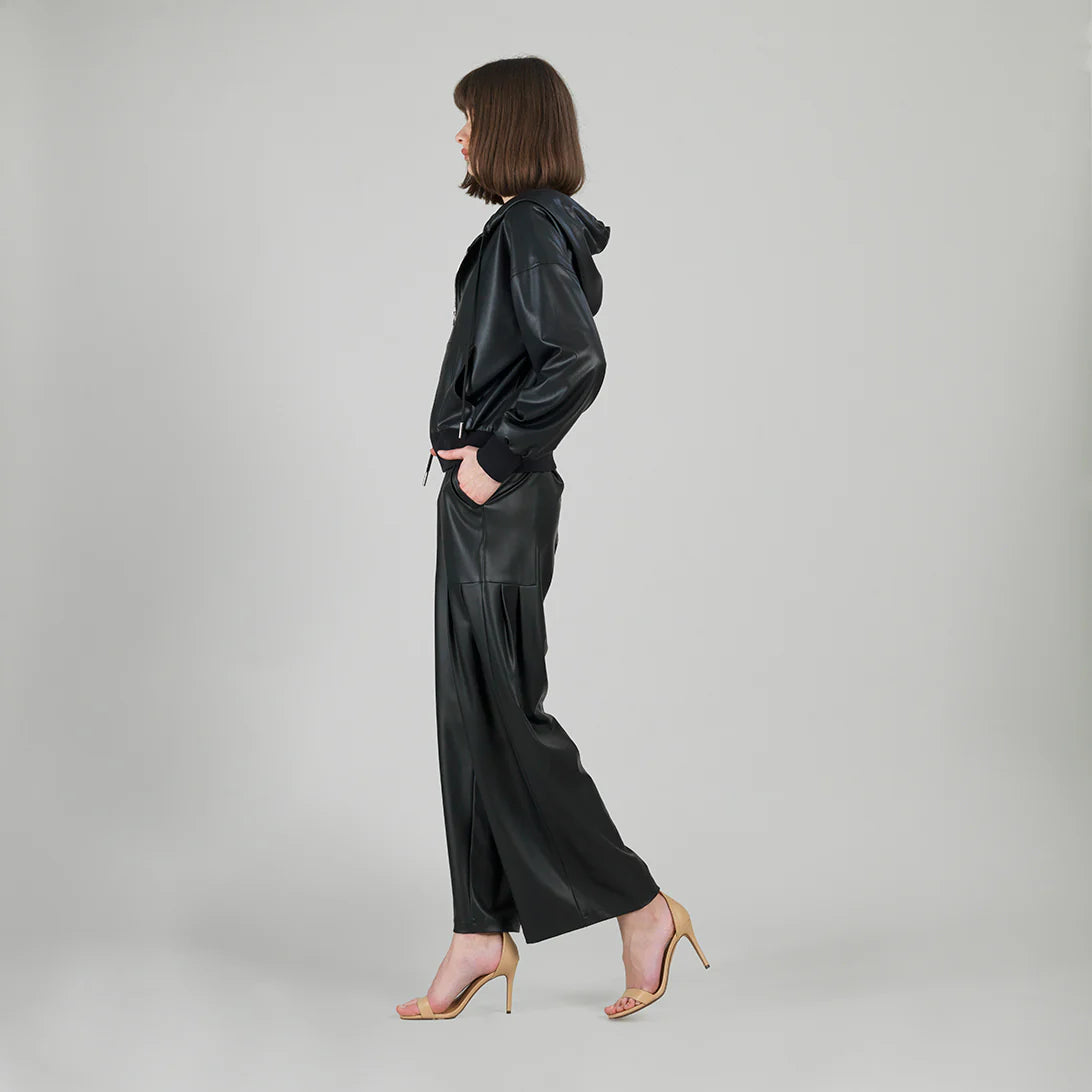 Liquid Leather Hooded Drawstring Track Jacket - Black