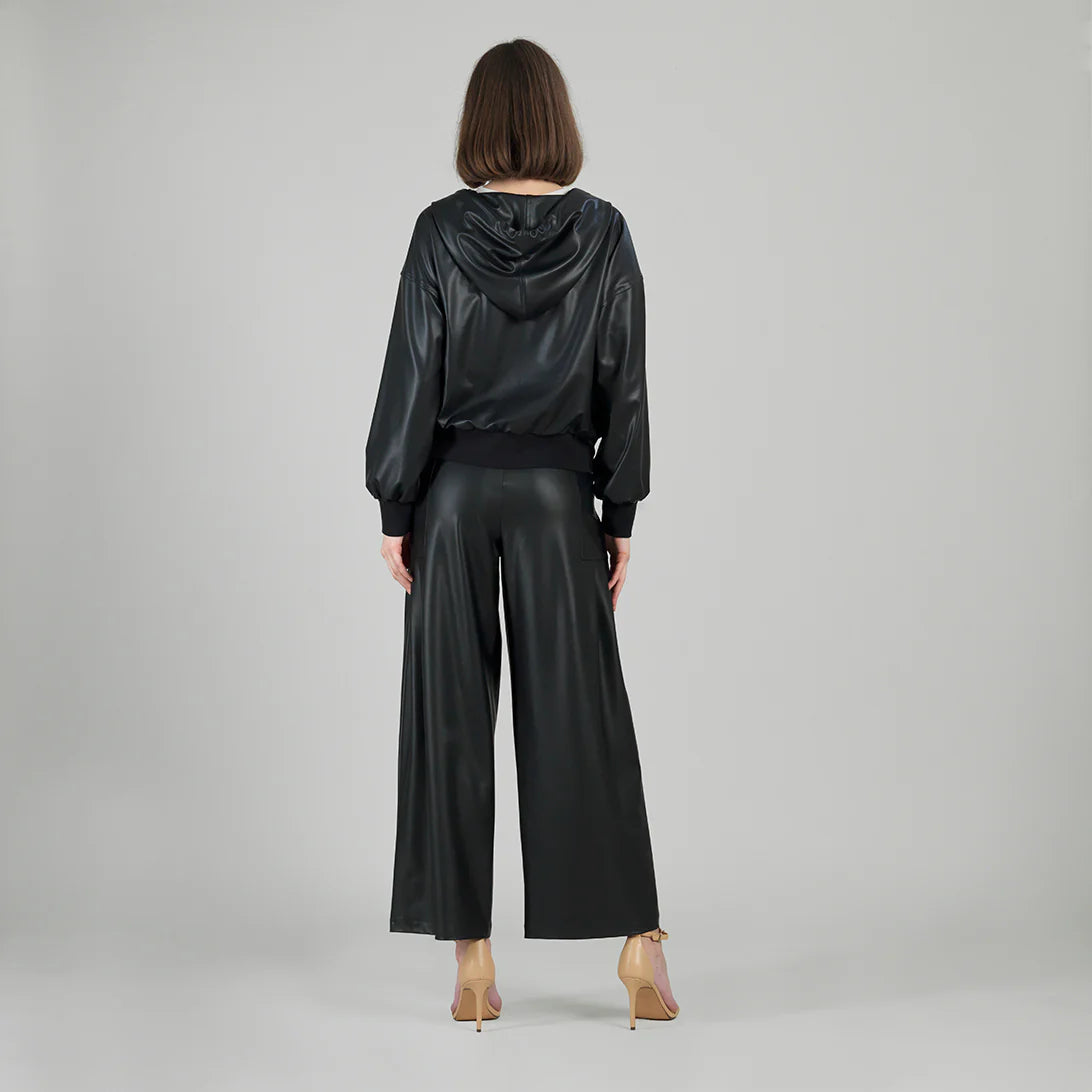 Liquid Leather Hooded Drawstring Track Jacket - Black