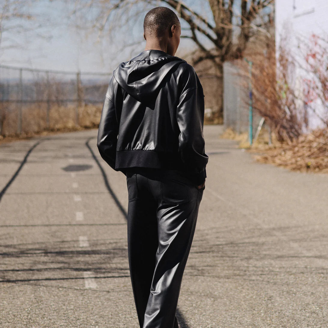 Liquid Leather Hooded Drawstring Track Jacket - Black