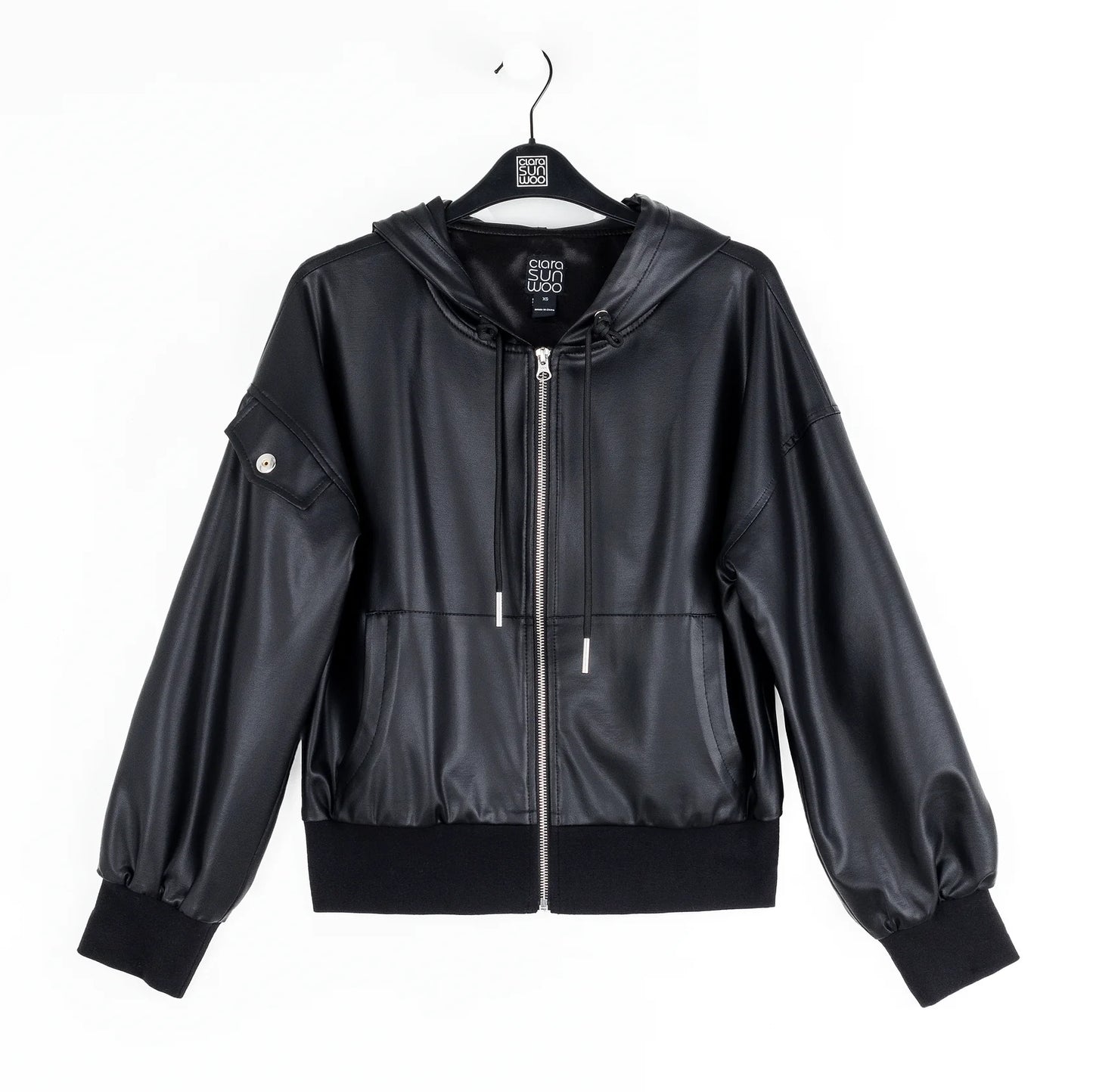 Liquid Leather Hooded Drawstring Track Jacket - Black