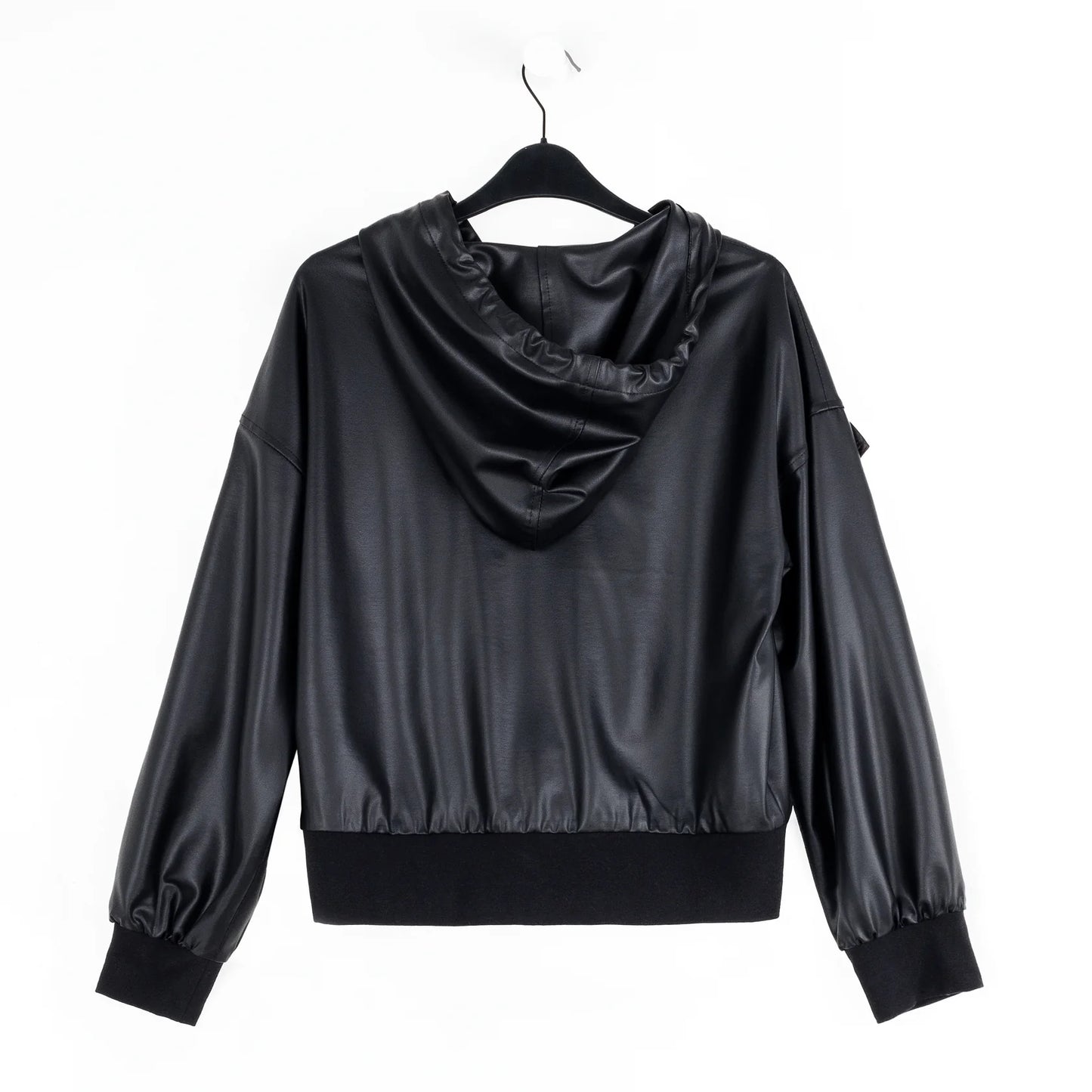Liquid Leather Hooded Drawstring Track Jacket - Black