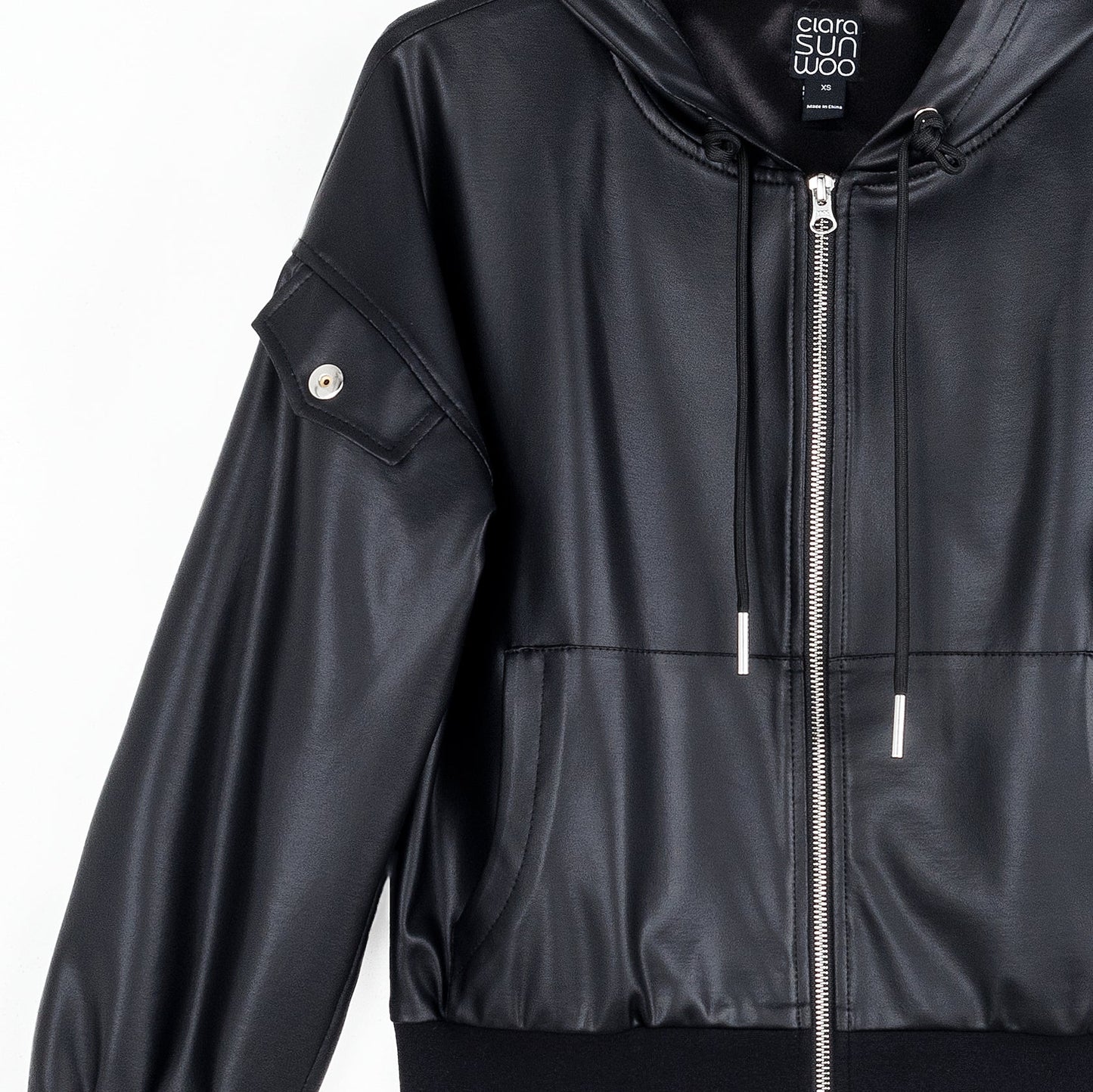 Liquid Leather Hooded Drawstring Track Jacket - Black