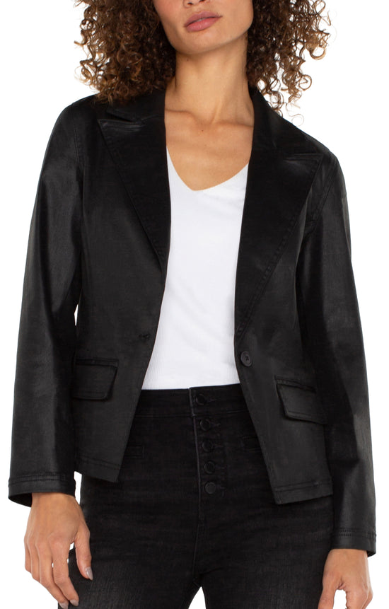 One Button Blazer with Notch Collar - Coated Black