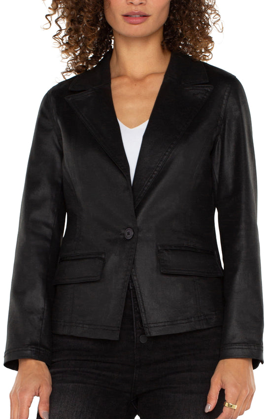 One Button Blazer with Notch Collar - Coated Black