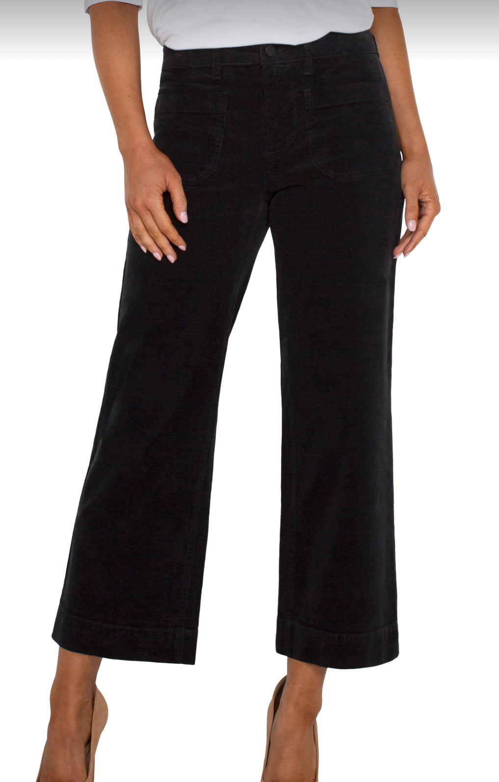 Cropped Wide Leg Corduroy Pants with Patch Pockets - Black