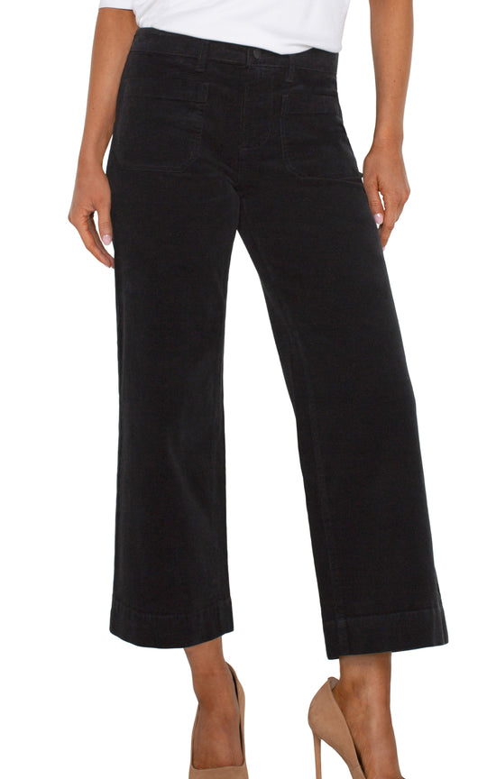 Cropped Wide Leg Corduroy Pants with Patch Pockets - Black