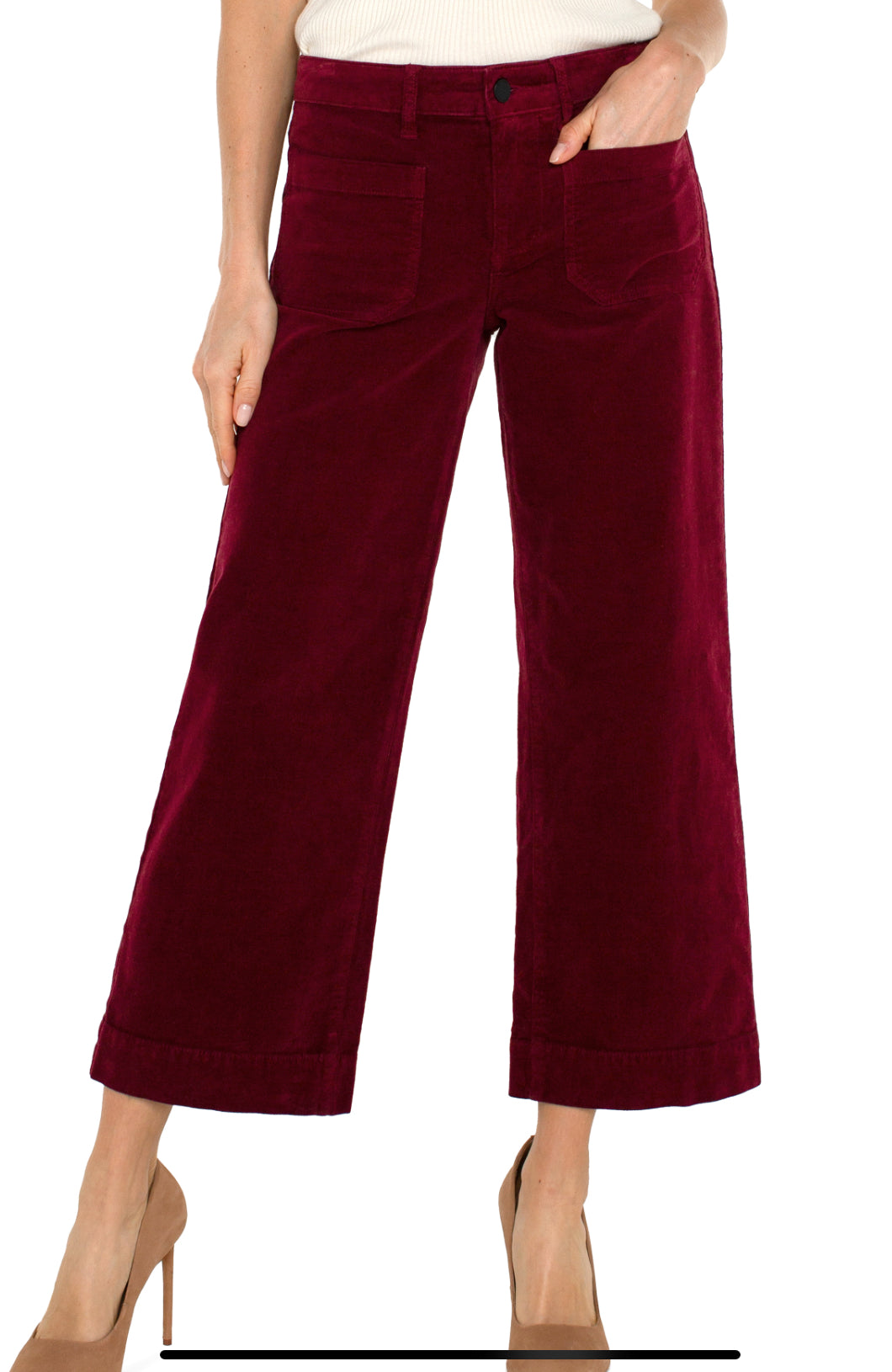 Cropped Wide Leg Corduroy Pants with Patch Pockets - Ruby