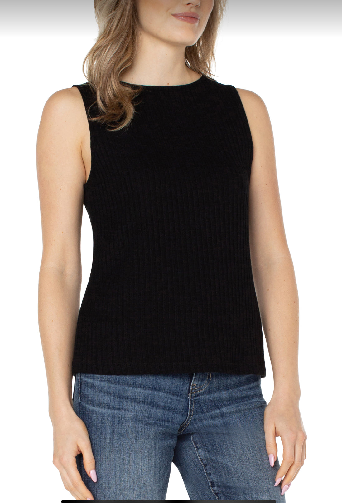 Sleeveless Boat Neck Rib Knit Top - Black