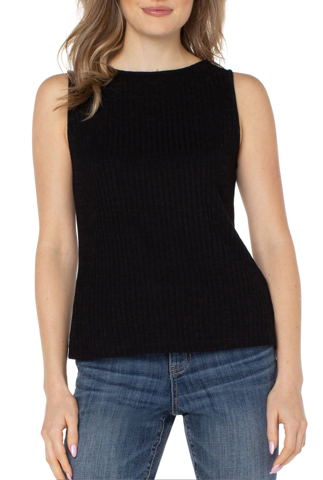 Sleeveless Boat Neck Rib Knit Top - Black