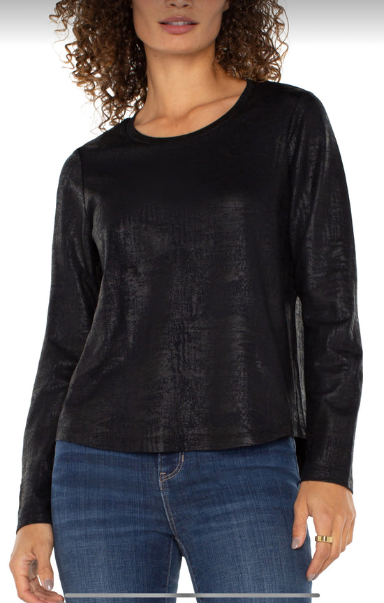 Long Sleeve Knit Top with Scoop Neck - Distressed Black