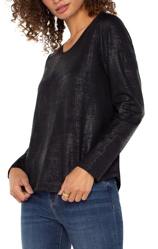 Long Sleeve Knit Top with Scoop Neck - Distressed Black