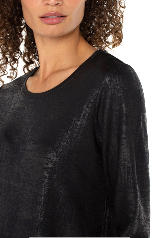 Long Sleeve Knit Top with Scoop Neck - Distressed Black