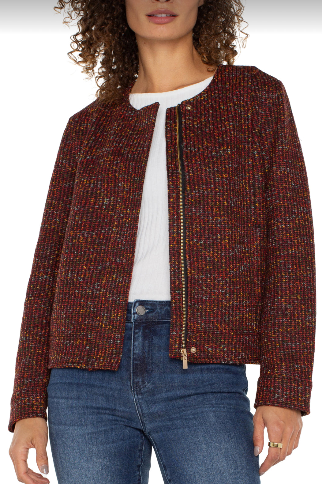 Collarless Zip-Up Jacket - Bordeaux Multi