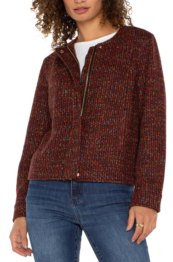 Collarless Zip-Up Jacket - Bordeaux Multi