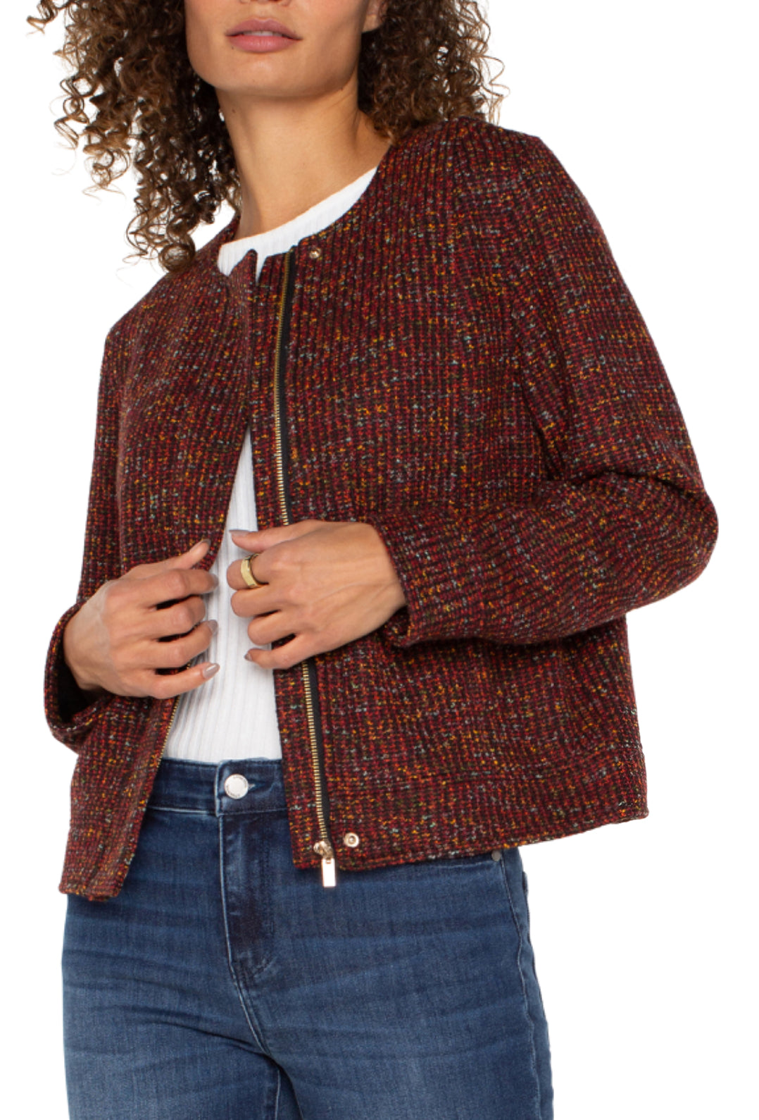 Collarless Zip-Up Jacket - Bordeaux Multi