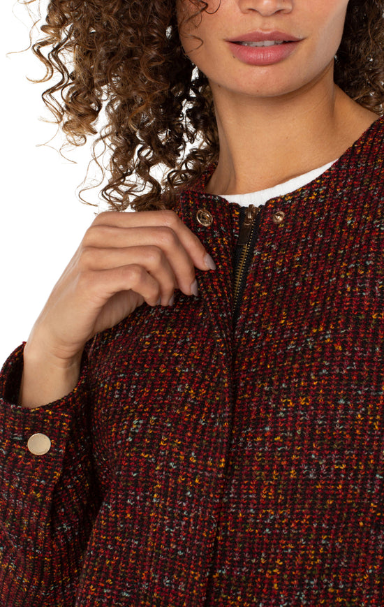 Collarless Zip-Up Jacket - Bordeaux Multi