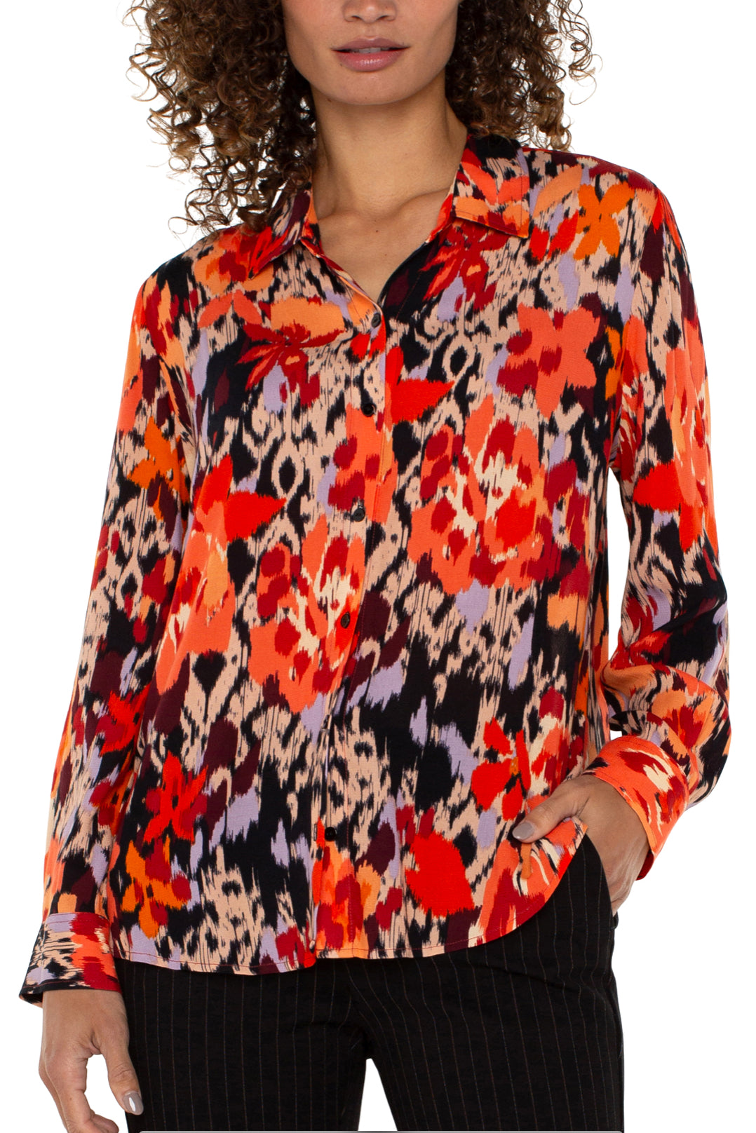 Long Sleeve Button Down Top - Burnt Orange Floral