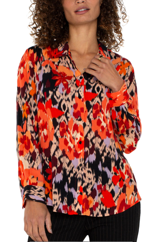 Long Sleeve Button Down Top - Burnt Orange Floral