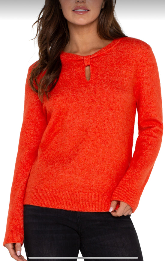 Long Sleeve Cut Out Bow Neck Sweater - Orange