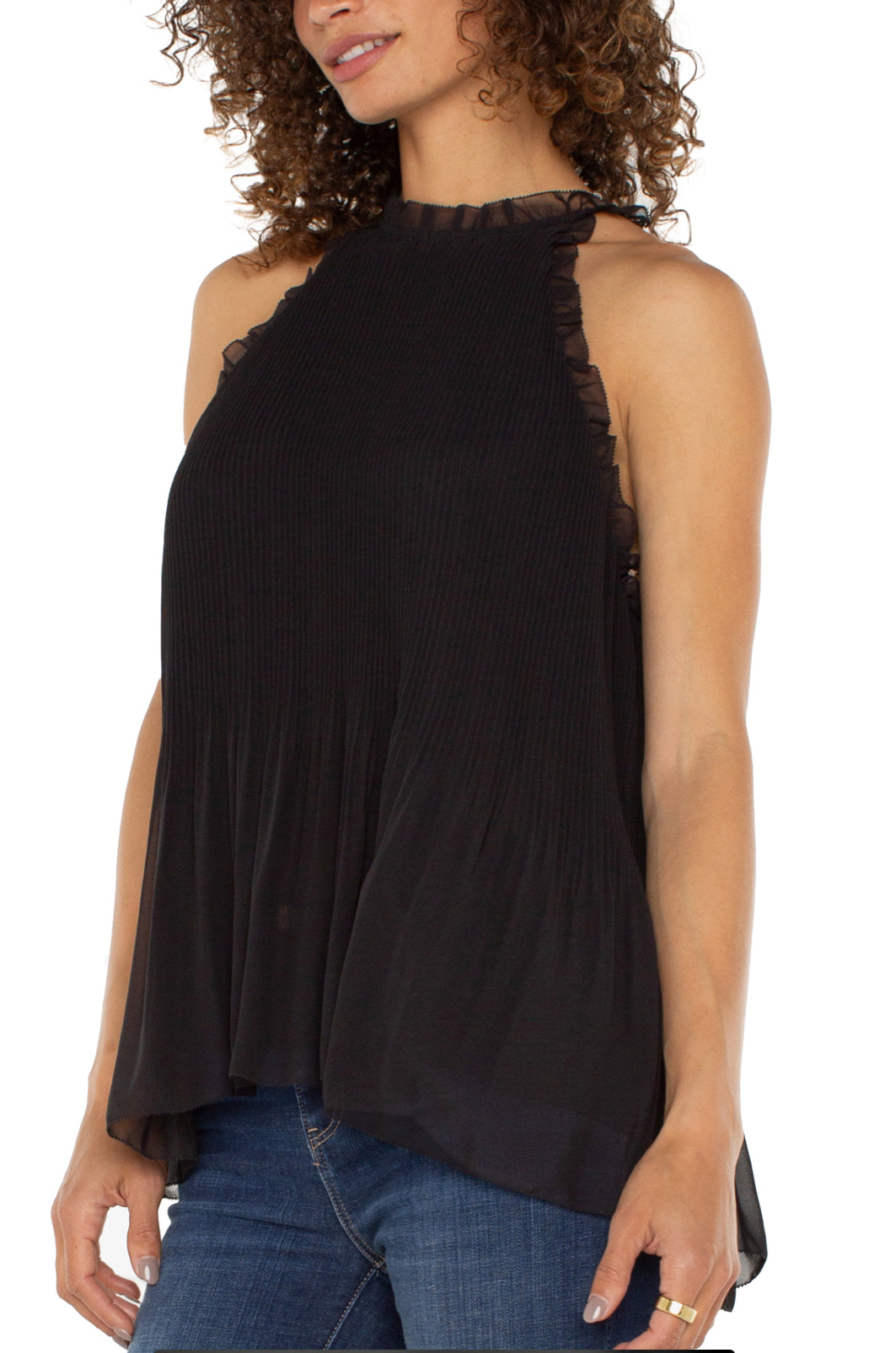 Pleated Halter Top with Ruffle - Black