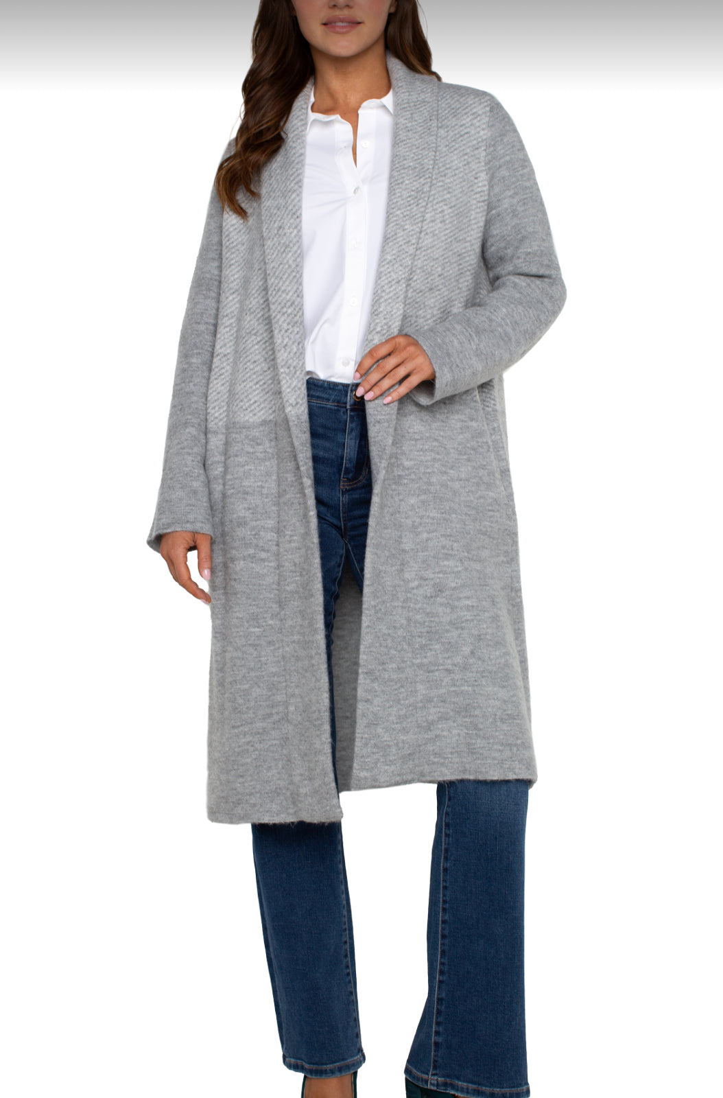 Open Front Shawl Sweater Coat - Grey