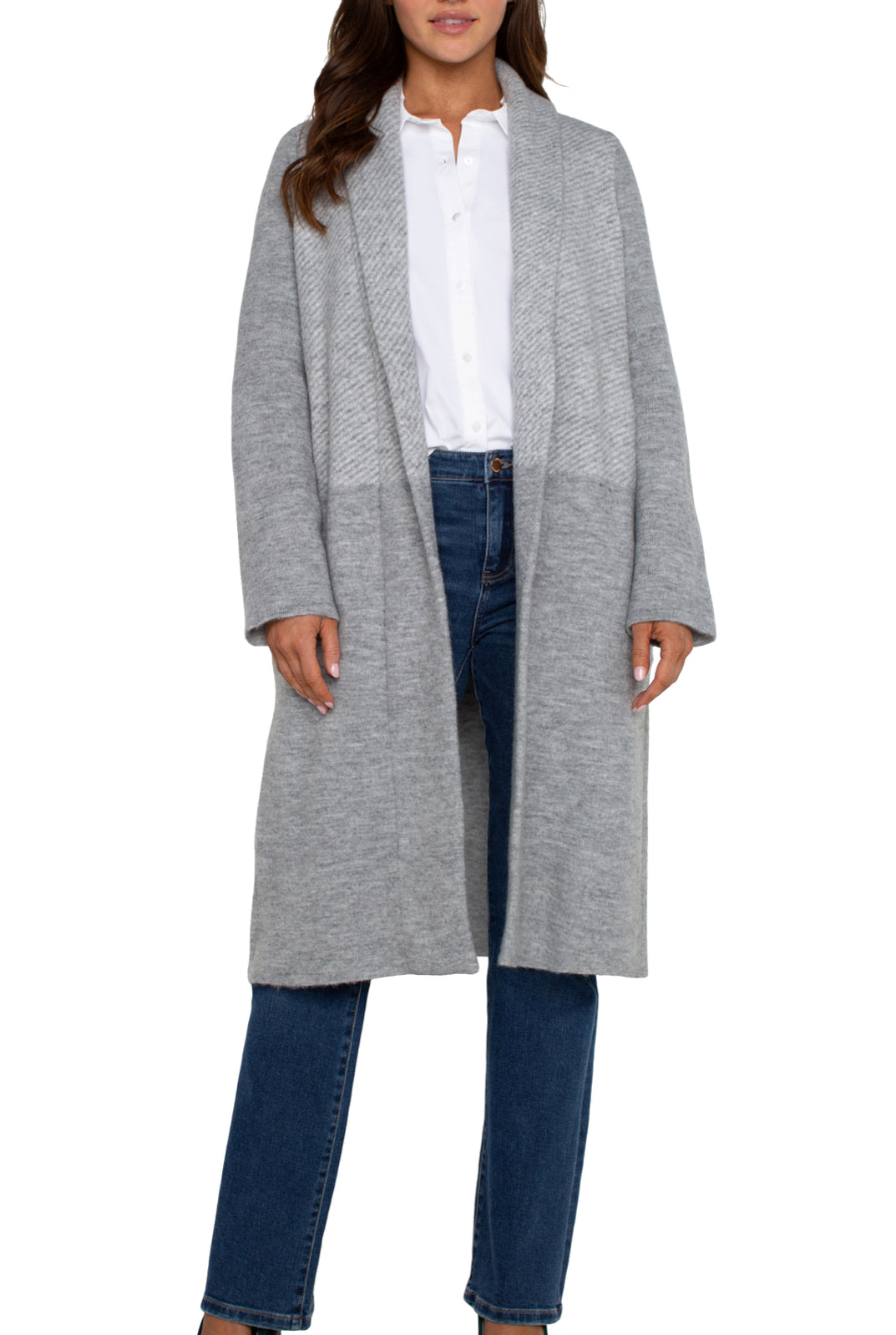 Open Front Shawl Sweater Coat - Grey