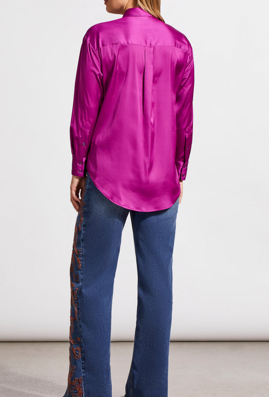 Flowy Satin Button Up Top - Bright Violet