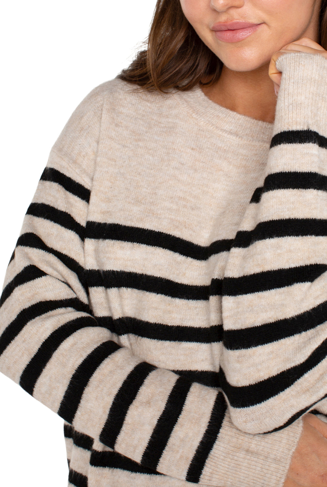 Long Sleeve Crew Neck Sweater with Drop Shoulders - Oatmeal Heather