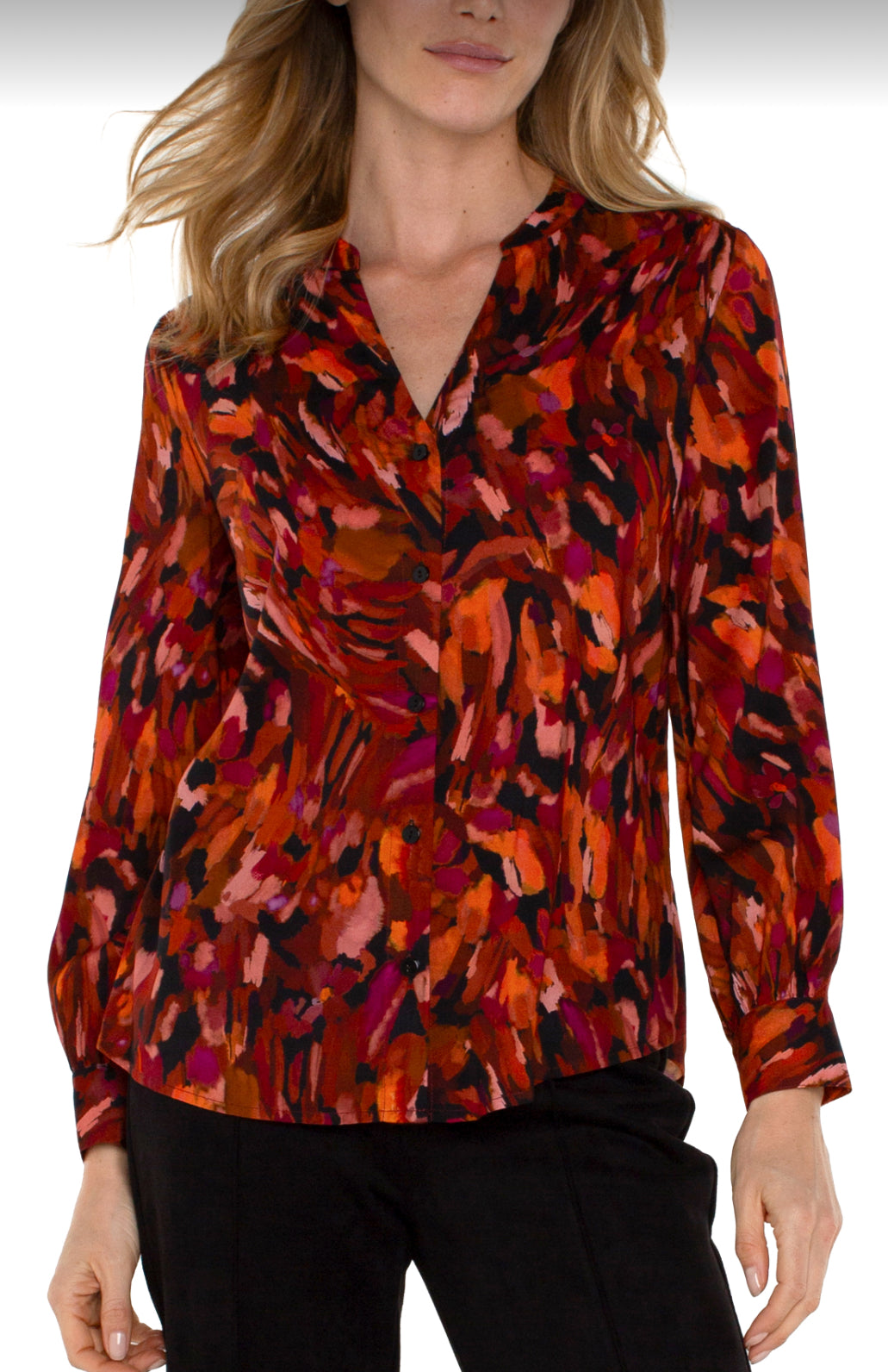 Long Sleeve Button Front Top with Collar - Painted Cedar