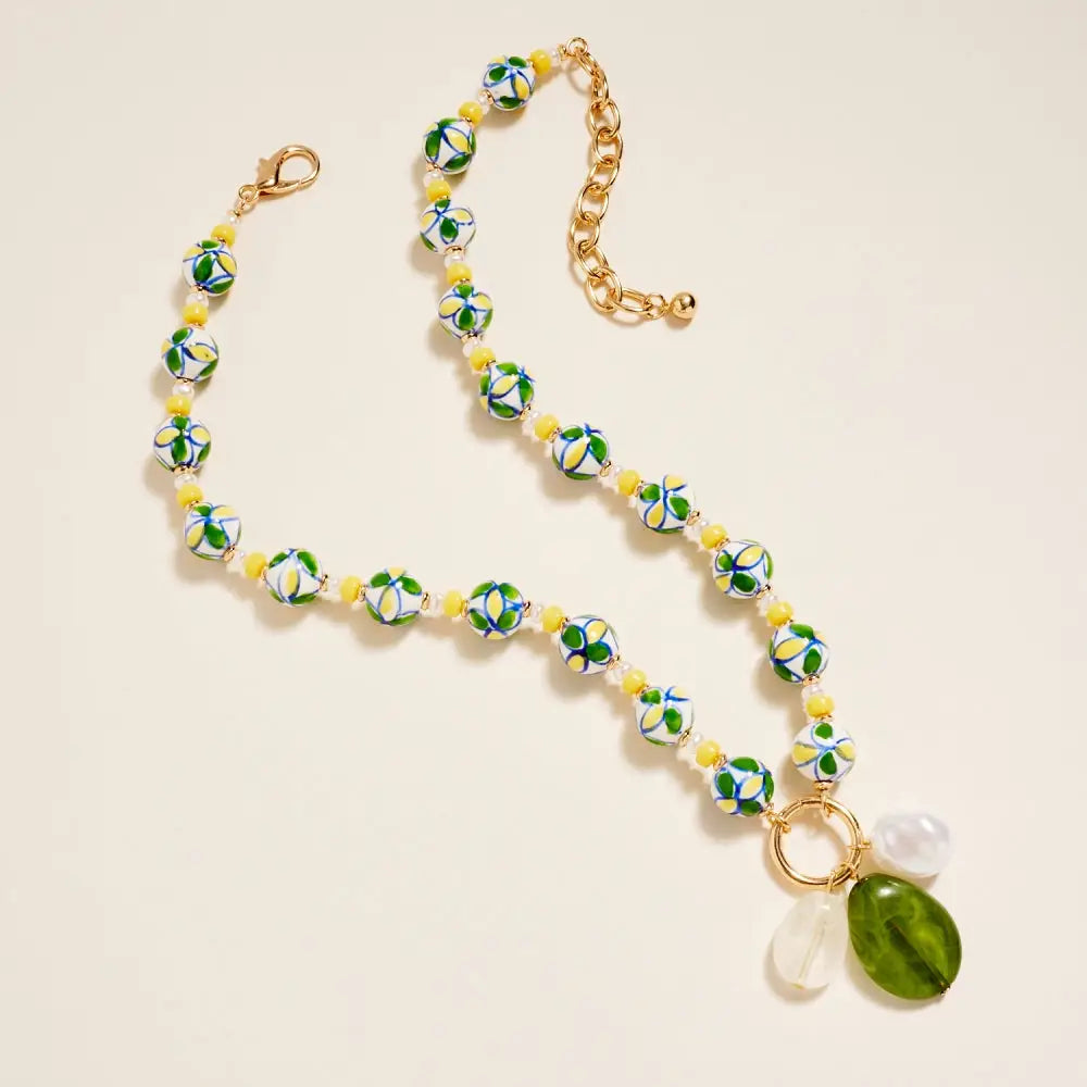 Patterned Ceramic Bead Necklace - Yellow