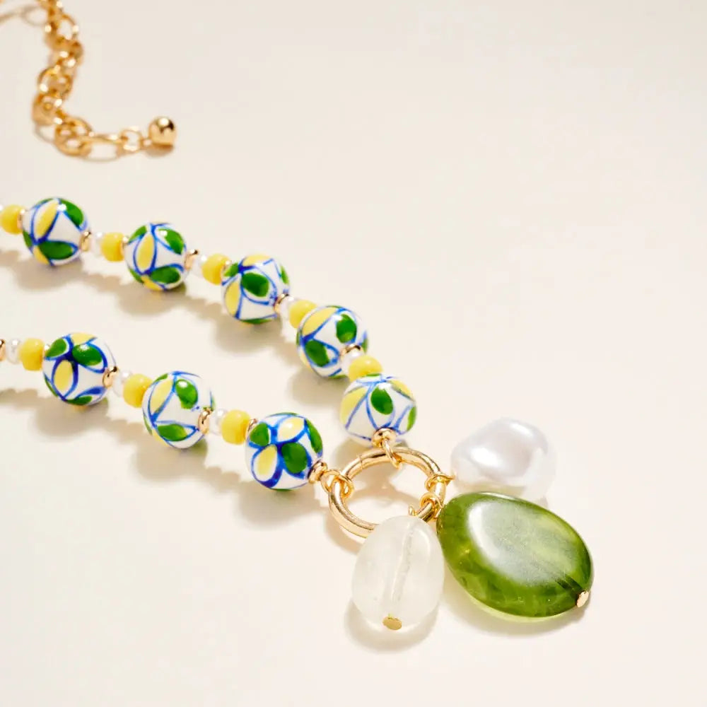 Patterned Ceramic Bead Necklace - Yellow