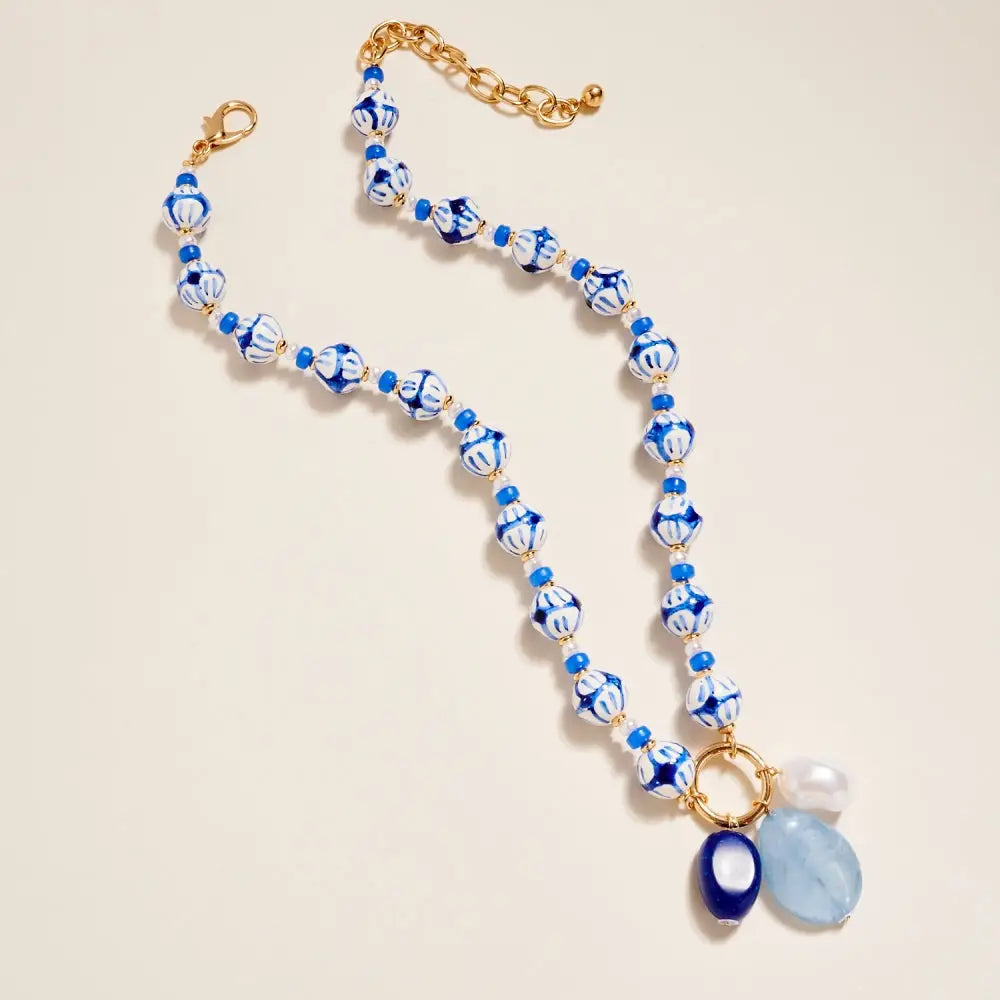 Patterned Ceramic Bead Necklace - Blue