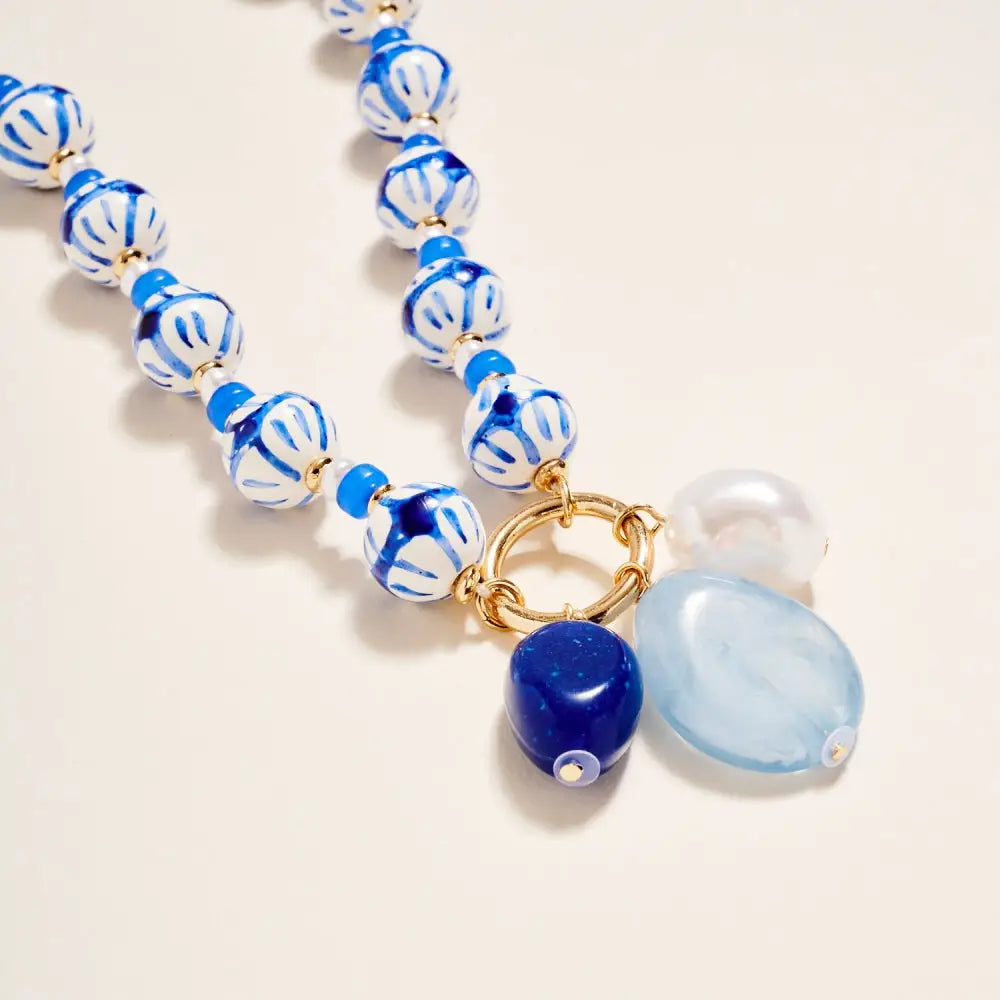 Patterned Ceramic Bead Necklace - Blue