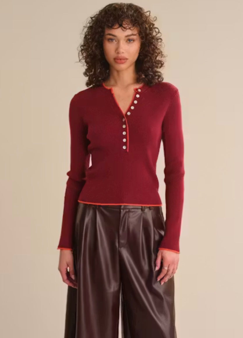 Emmeline Ribbed Henley - Dark Cherry
