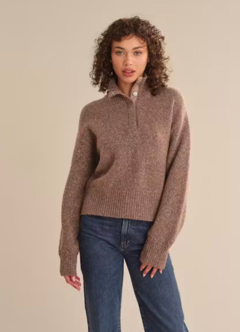 Boxy Snap Front Henley Sweater - Mushroom Melange