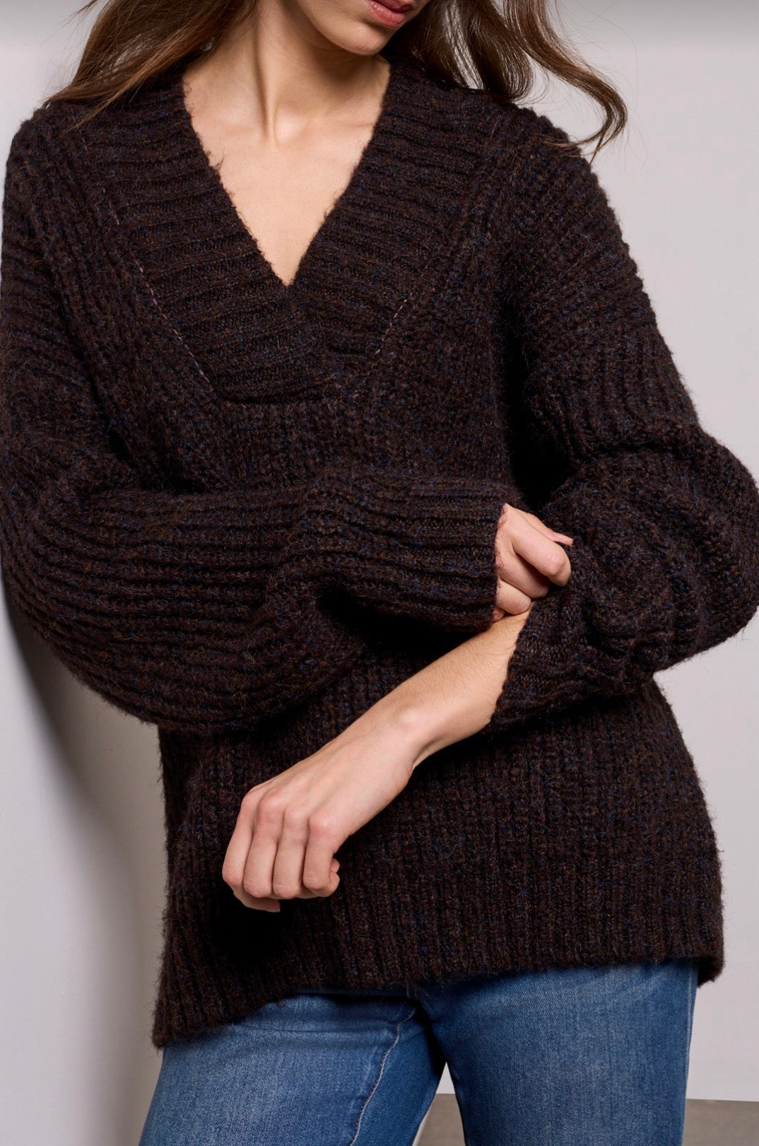 Oversized V-Neck Sweater - Saddle Brown