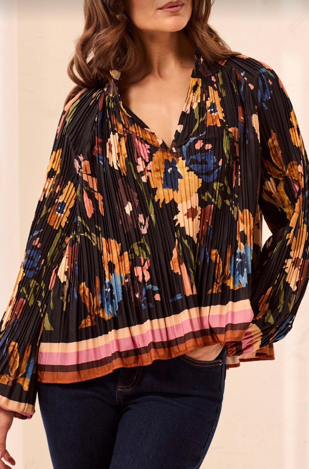 Long Sleeve Top with Ruffled Collar - Hickory