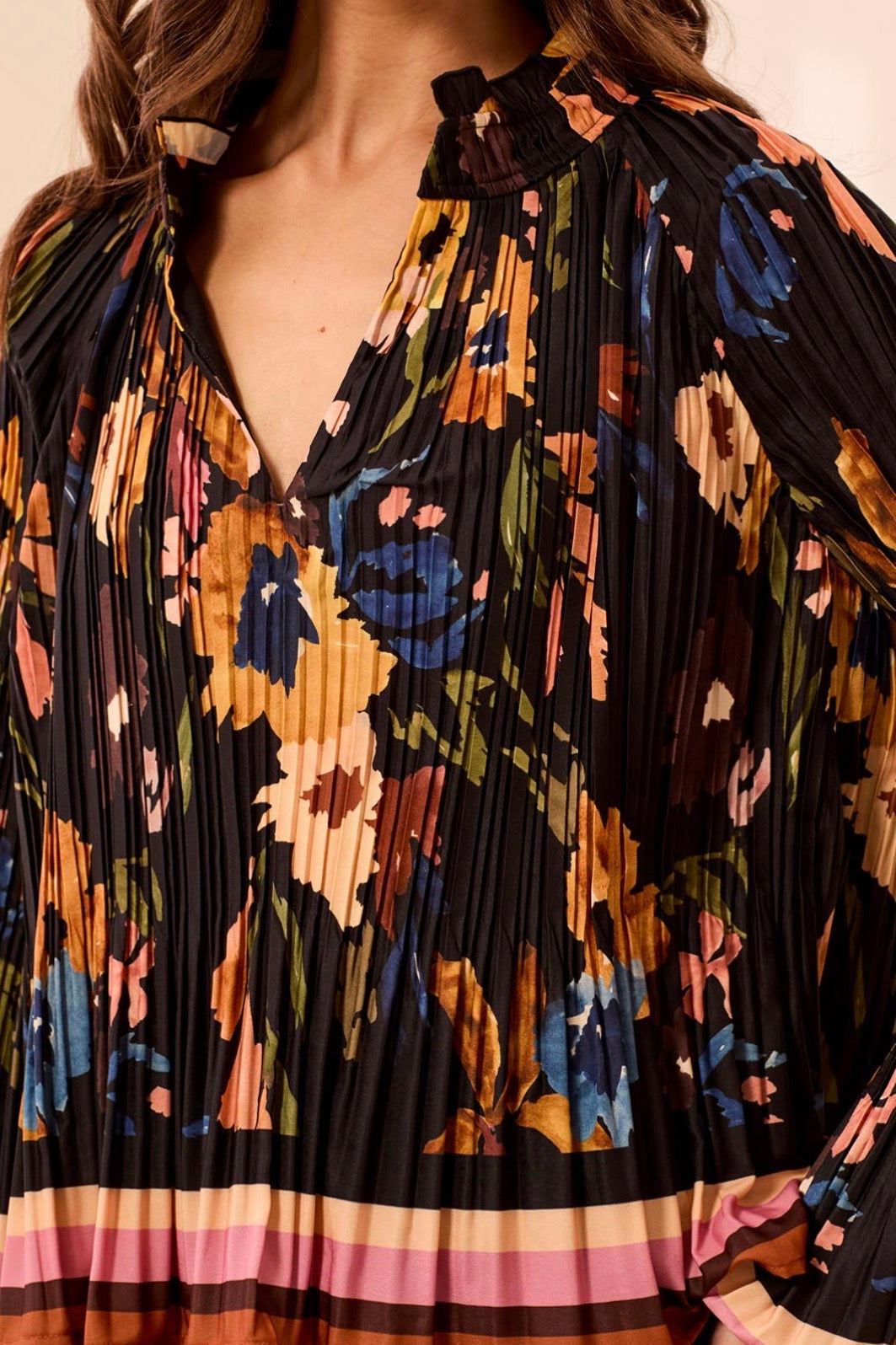 Long Sleeve Top with Ruffled Collar - Hickory
