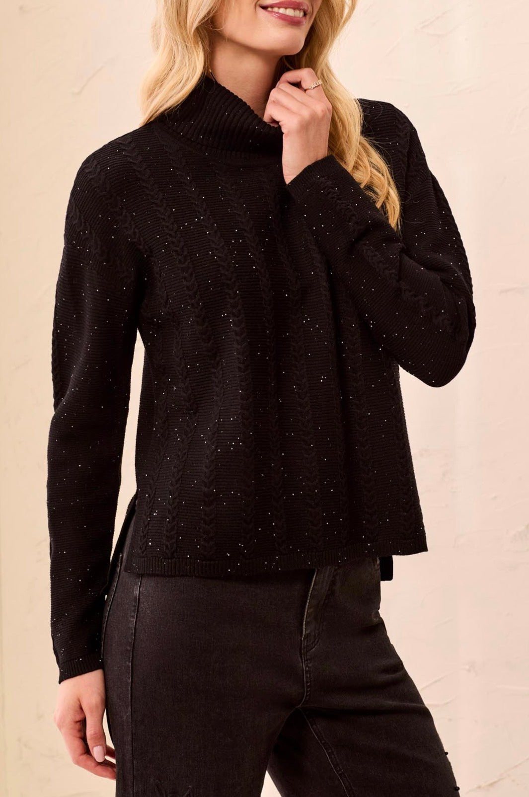 Turtleneck Sweater with Side Slits - Black