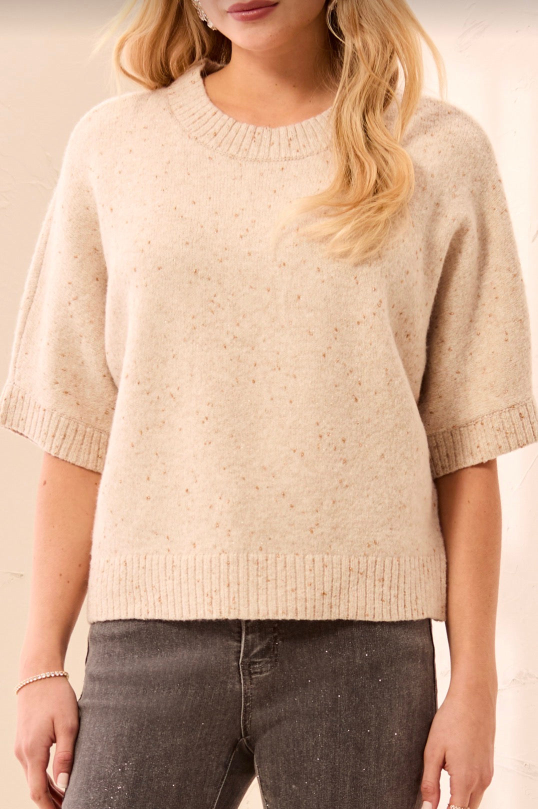 Crew Neck Sweater with Elbow Length Sleeves - Pashmina