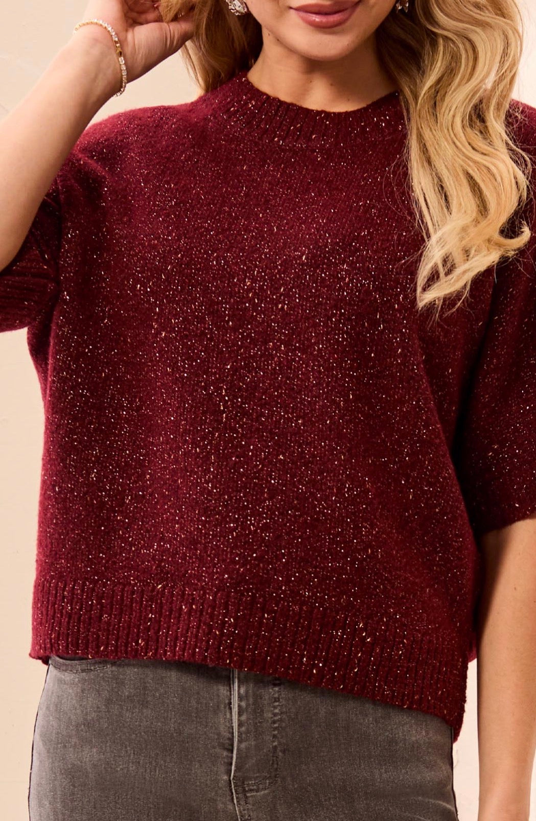 Crew Neck Sweater with Elbow Length Sleeves - Cherry Laquer
