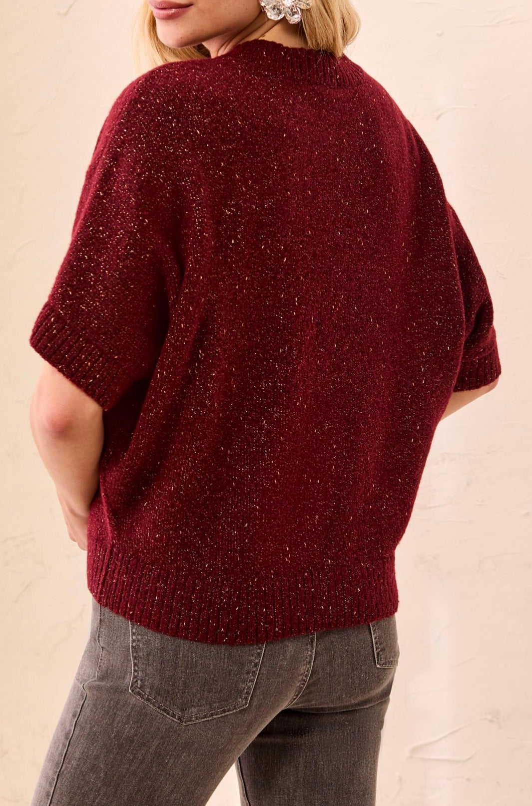 Crew Neck Sweater with Elbow Length Sleeves - Cherry Laquer