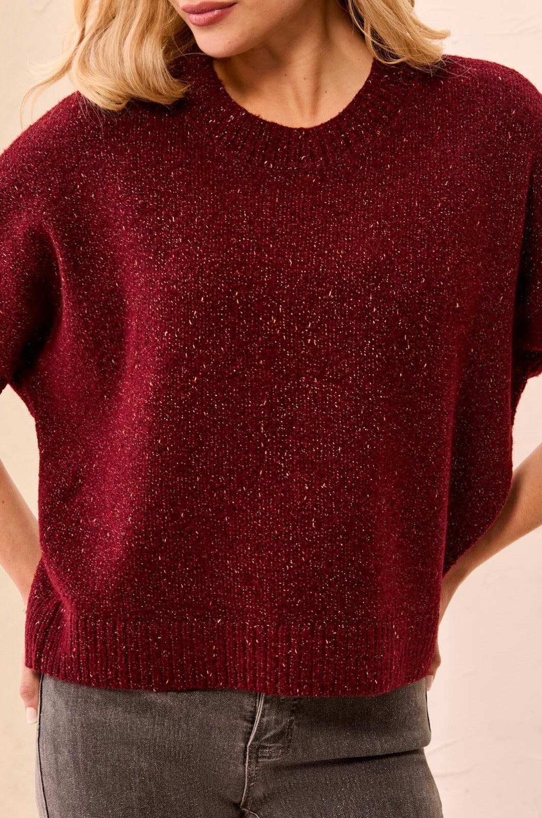Crew Neck Sweater with Elbow Length Sleeves - Cherry Laquer