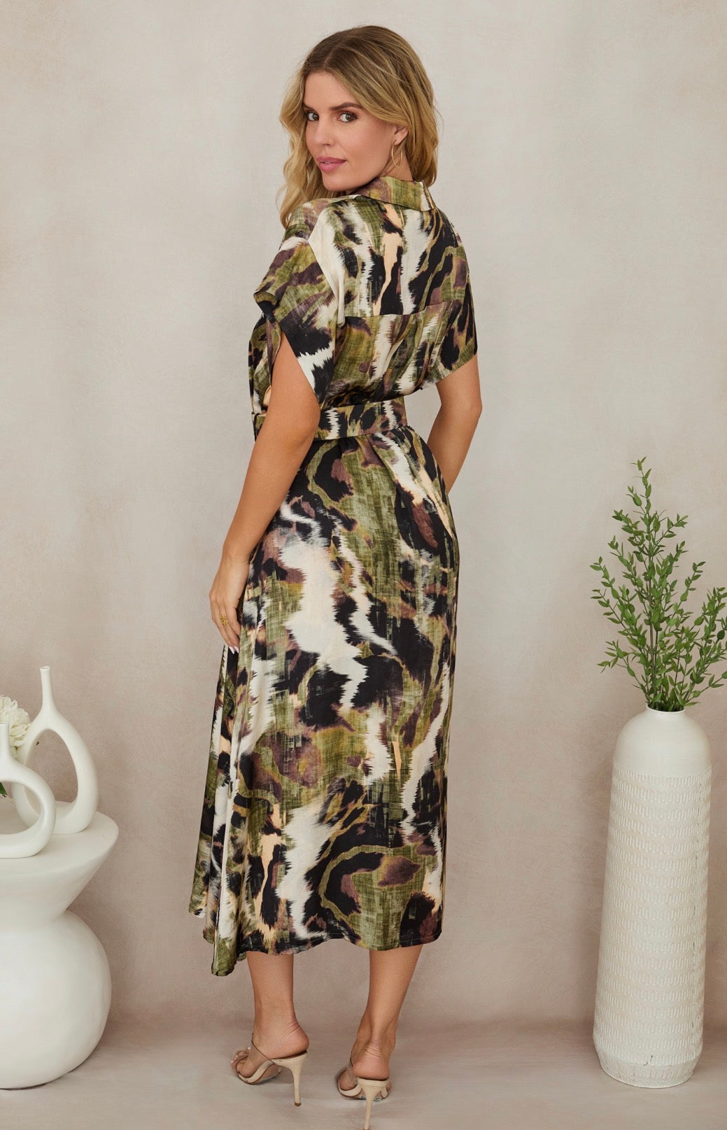 Watercolor Print Midi Dress - Green/Brown